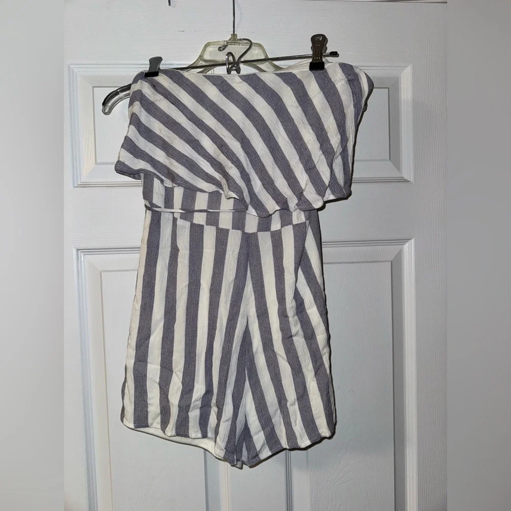 strapless romper. size large. blue and white striped. - Picture 3 of 3